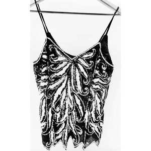 Oleg Cassini Black & White Beaded Embellished Cami